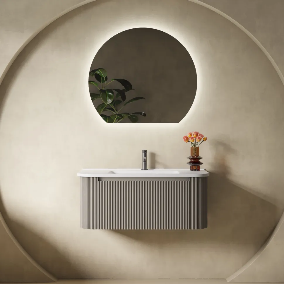 Drench Groove 870mm Fluted Wall Hung Curved Vanity Unit & Matt Stone Basin