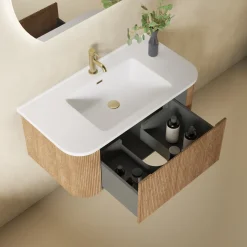 Drench Groove 870mm Fluted Wall Hung Curved Vanity Unit & Matt Stone Basin