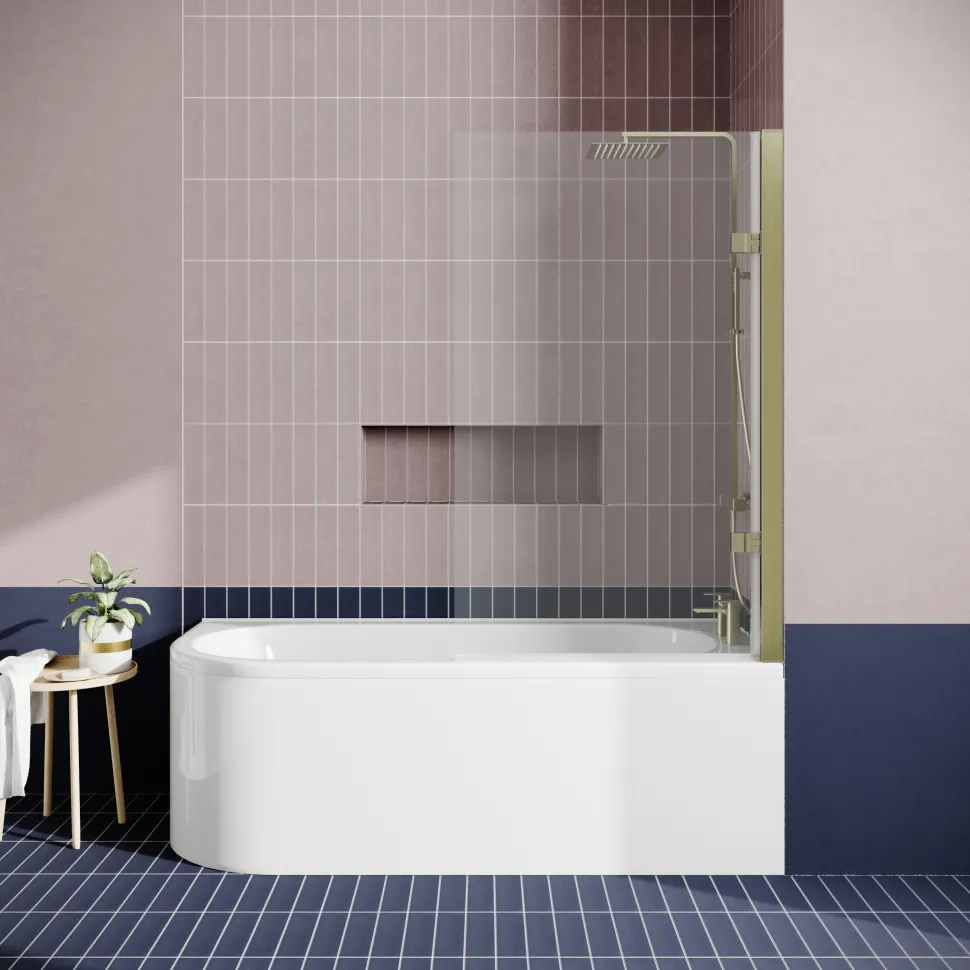 Drench J Shaped Shower Bath with Panel & Brushed Brass Shower Screen - 1700mm
