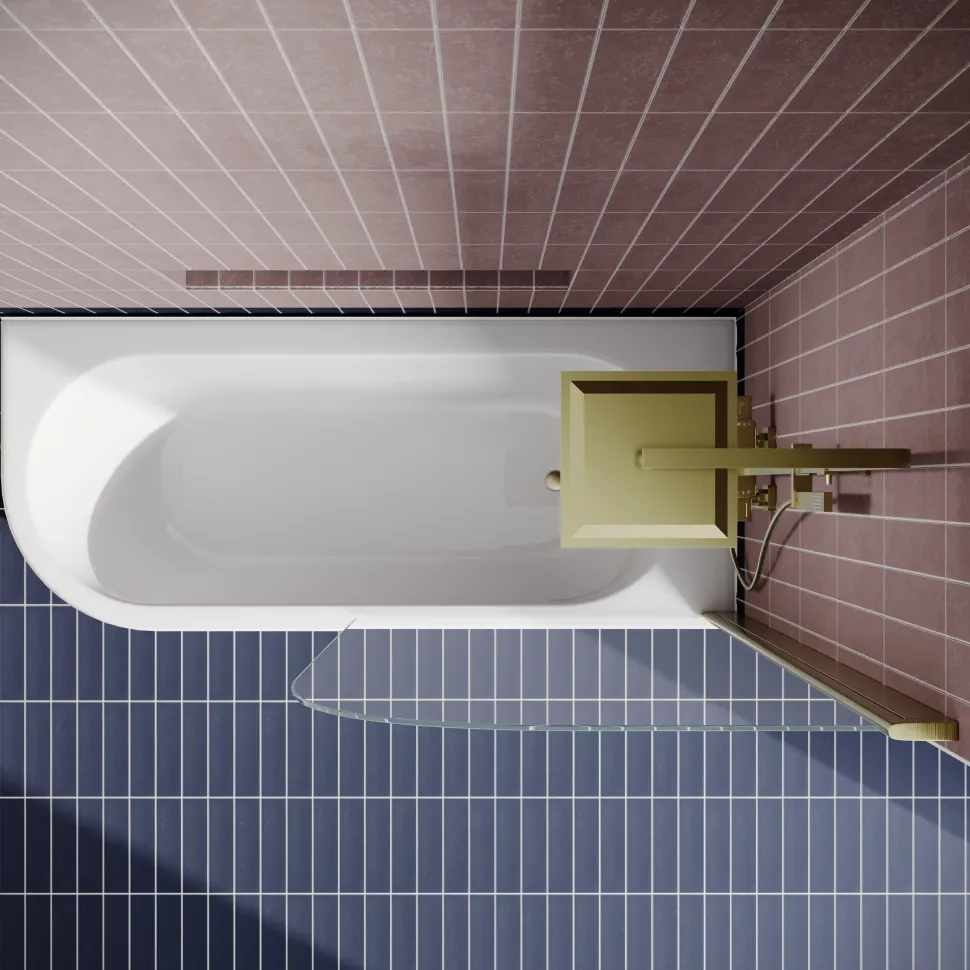 Drench J Shaped Shower Bath with Panel & Brushed Brass Shower Screen - 1700mm
