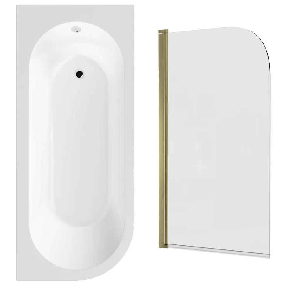 Drench J Shaped Shower Bath with Panel & Brushed Brass Shower Screen - 1700mm