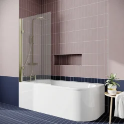 Drench J Shaped Shower Bath with Panel & Brushed Brass Shower Screen - 1700mm
