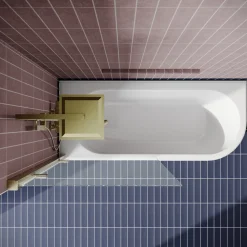 Drench J Shaped Shower Bath with Panel & Brushed Brass Shower Screen - 1700mm