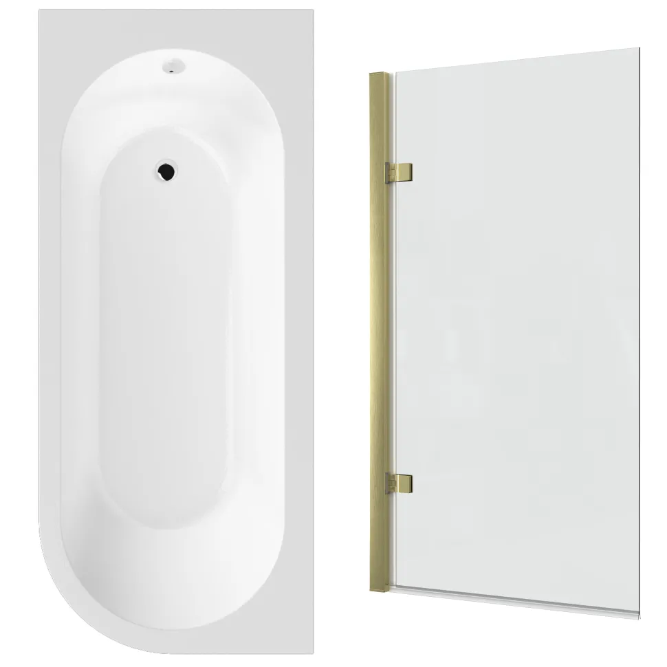 Drench J Shaped Shower Bath with Panel & Brushed Brass Shower Screen - 1700mm