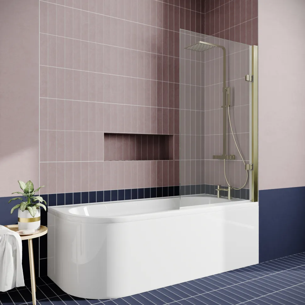 Drench J Shaped Shower Bath with Panel & Brushed Brass Shower Screen - 1700mm