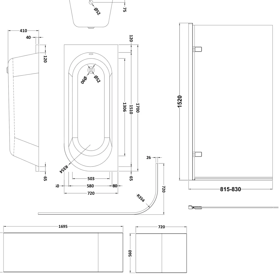 Drench J Shaped Shower Bath with Panel & Brushed Brass Shower Screen - 1700mm