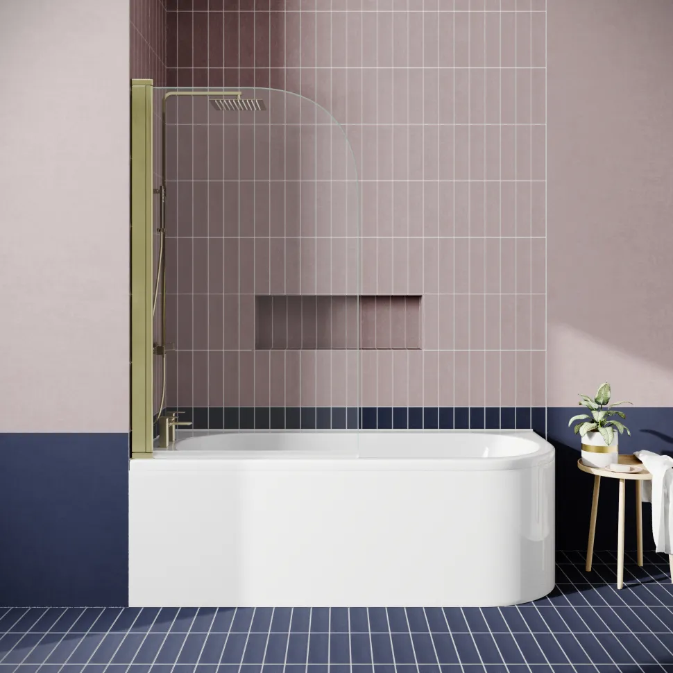 Drench J Shaped Shower Bath with Panel & Brushed Brass Shower Screen - 1700mm
