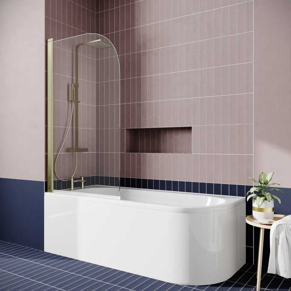 Drench J Shaped Shower Bath with Panel & Brushed Brass Shower Screen - 1700mm