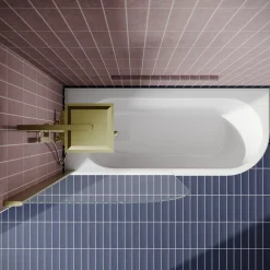 Drench J Shaped Shower Bath with Panel & Brushed Brass Shower Screen - 1700mm