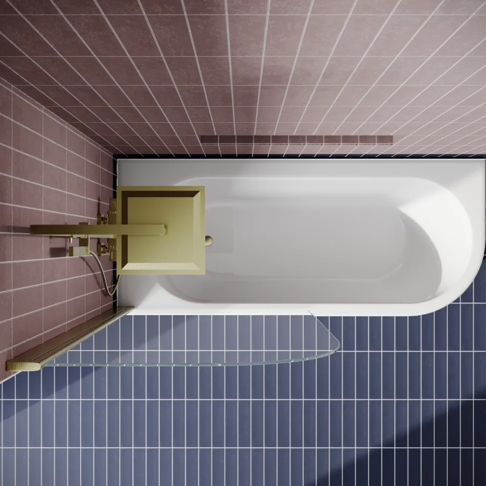 Drench J Shaped Shower Bath with Panel & Brushed Brass Shower Screen - 1700mm