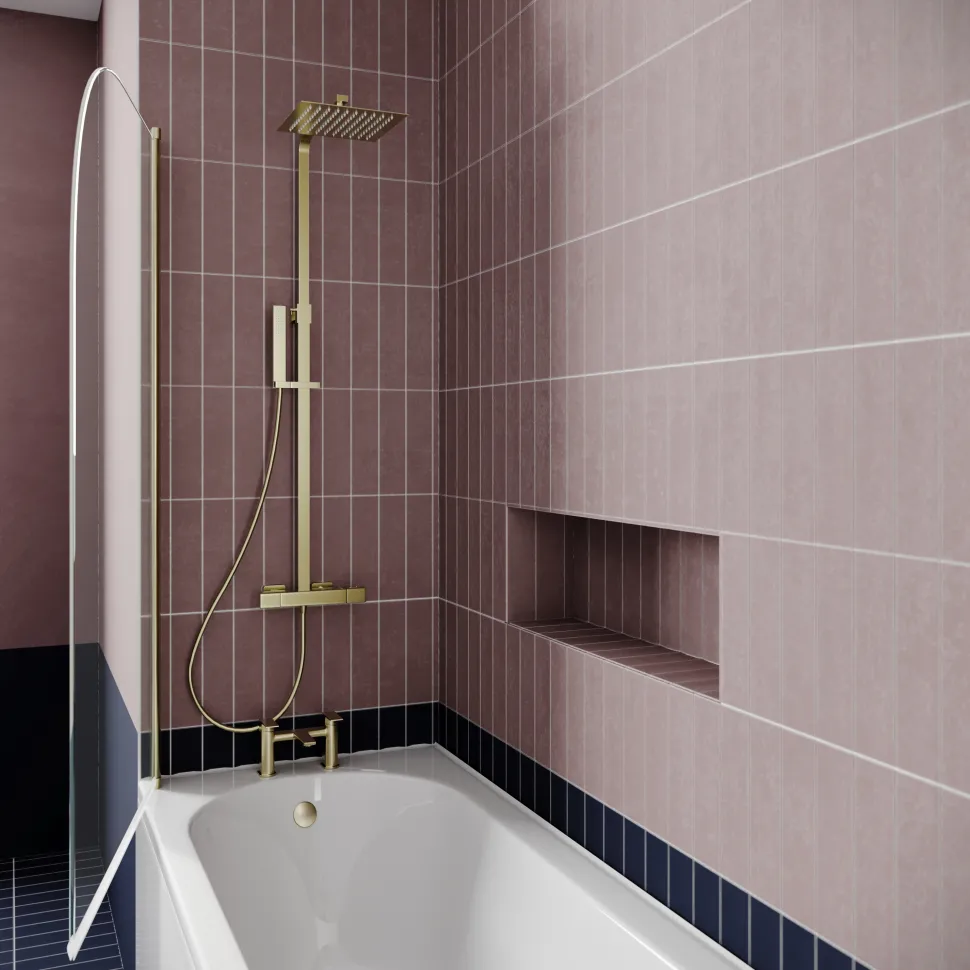 Drench J Shaped Shower Bath with Panel & Brushed Brass Shower Screen - 1700mm