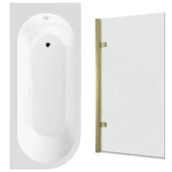 Drench J Shaped Shower Bath with Panel & Brushed Brass Shower Screen - 1700mm