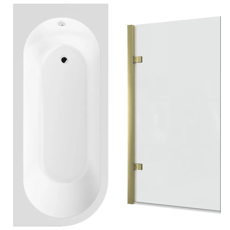 Drench J Shaped Shower Bath with Panel & Brushed Brass Shower Screen - 1700mm
