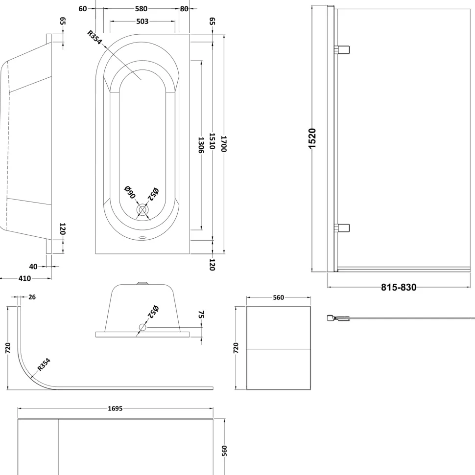 Drench J Shaped Shower Bath with Panel & Brushed Brass Shower Screen - 1700mm