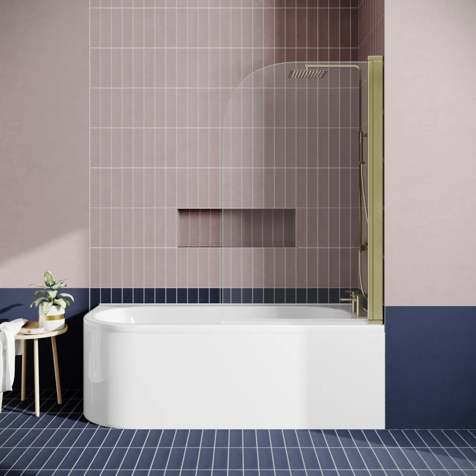Drench J Shaped Shower Bath with Panel & Brushed Brass Shower Screen - 1700mm