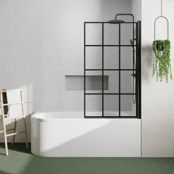 Drench J Shaped Shower Bath with Panel & Matt Black Shower Screen - 1700mm