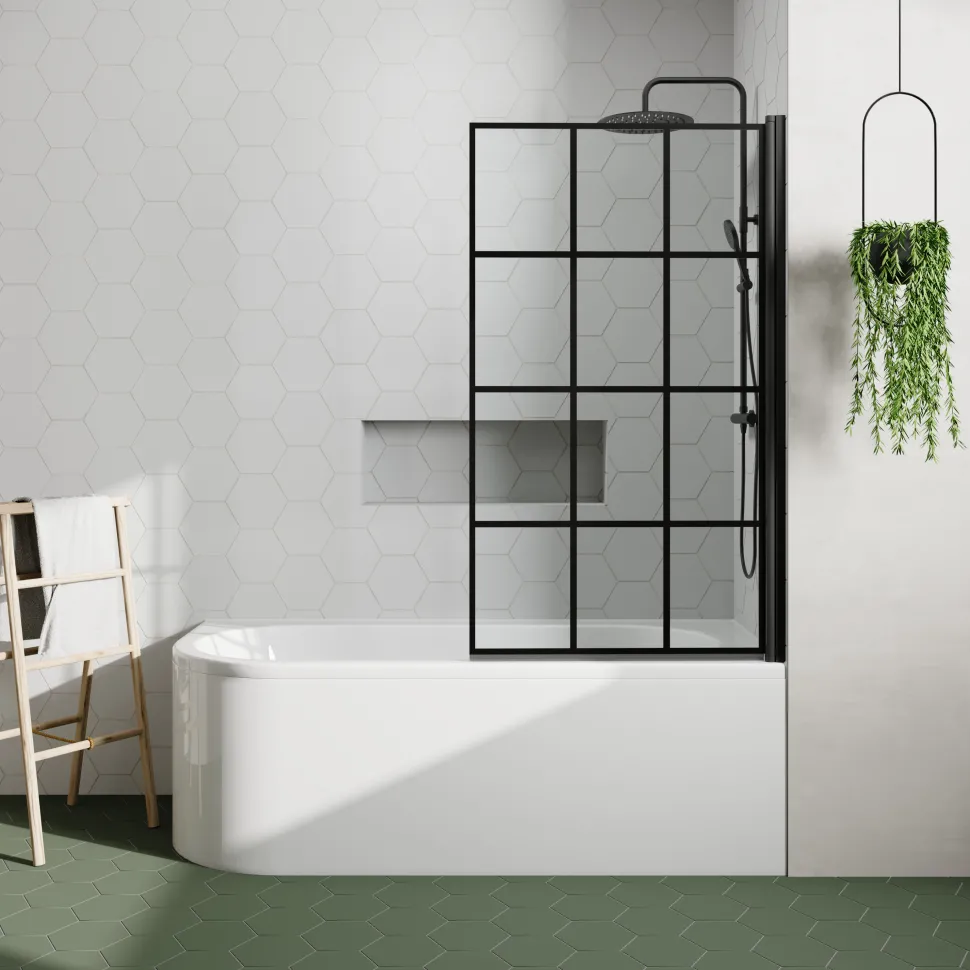Drench J Shaped Shower Bath with Panel & Matt Black Shower Screen - 1700mm