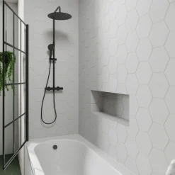 Drench J Shaped Shower Bath with Panel & Matt Black Shower Screen - 1700mm