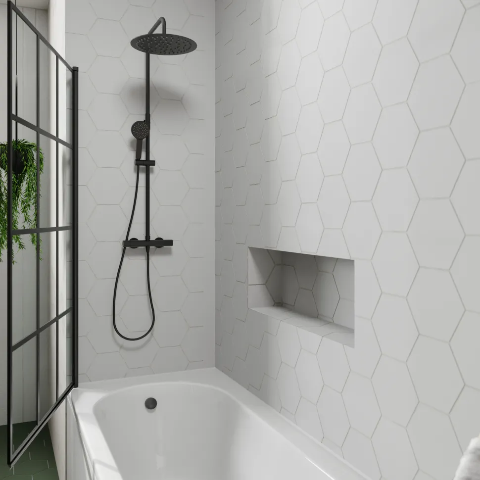 Drench J Shaped Shower Bath with Panel & Matt Black Shower Screen - 1700mm