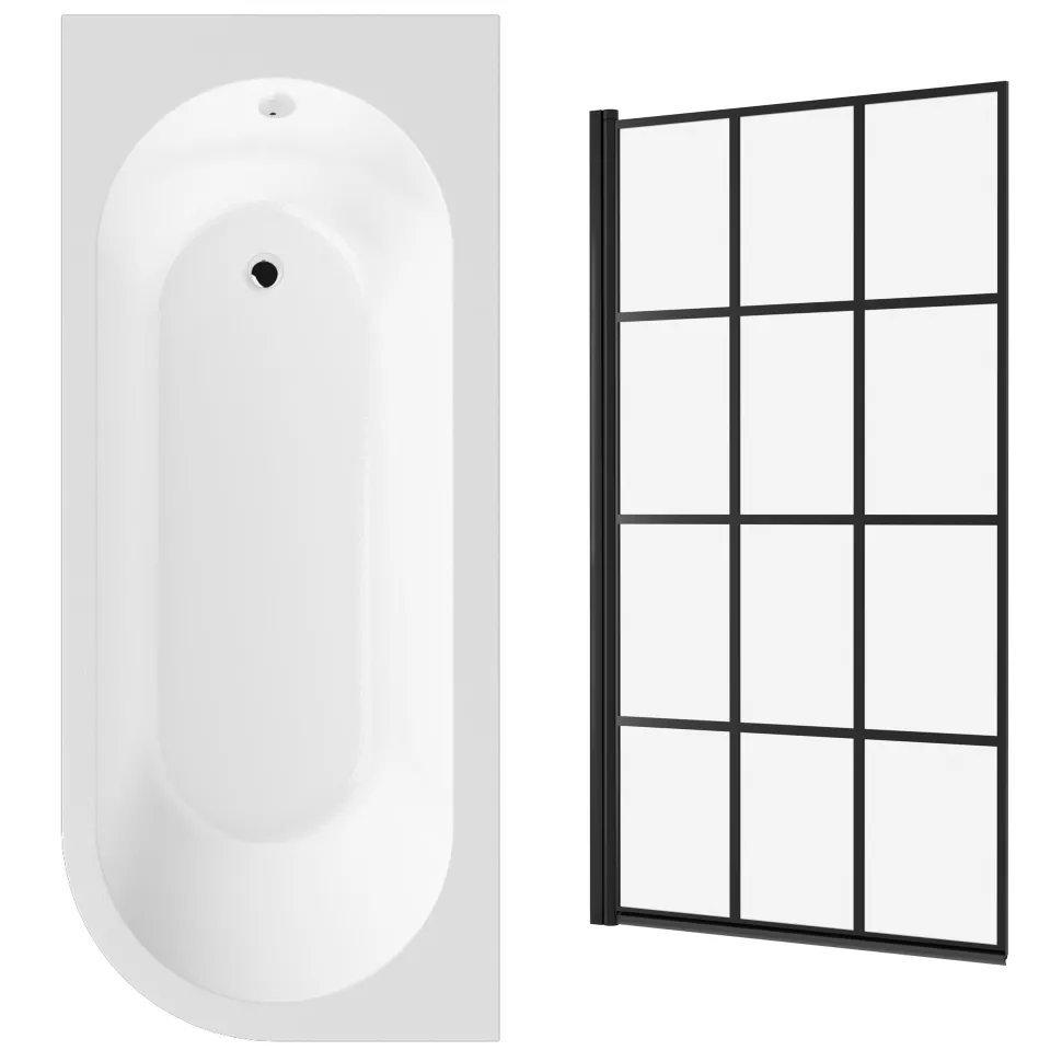 Drench J Shaped Shower Bath with Panel & Matt Black Shower Screen - 1700mm