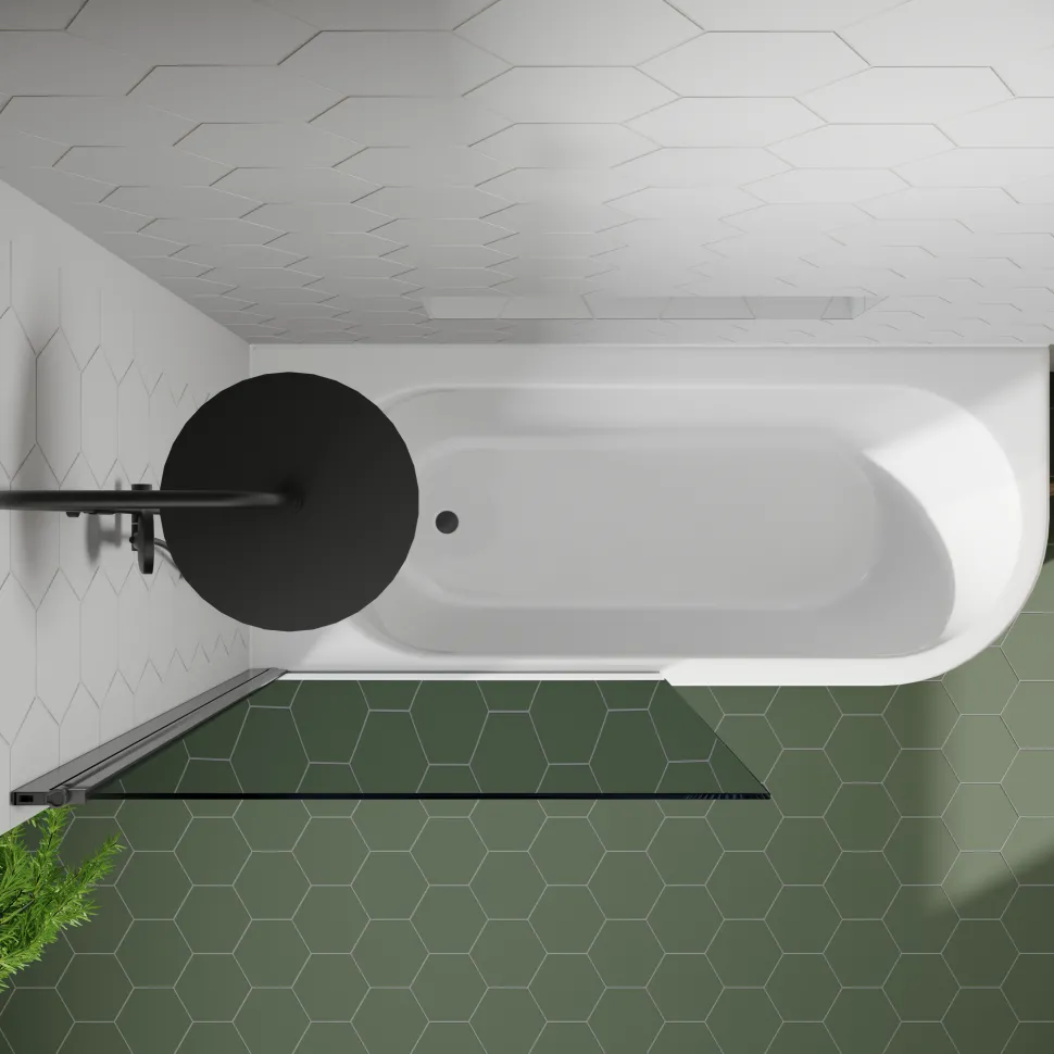 Drench J Shaped Shower Bath with Panel & Matt Black Shower Screen - 1700mm