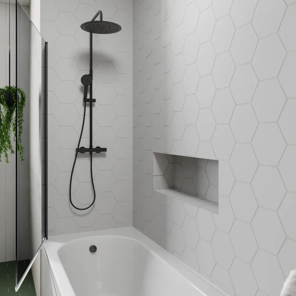 Drench J Shaped Shower Bath with Panel & Matt Black Shower Screen - 1700mm