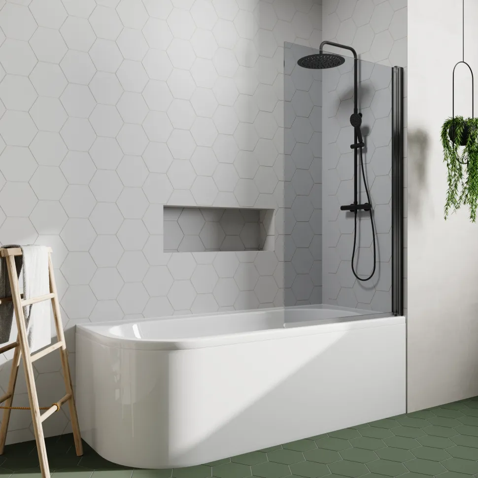 Drench J Shaped Shower Bath with Panel & Matt Black Shower Screen - 1700mm