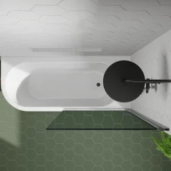 Drench J Shaped Shower Bath with Panel & Matt Black Shower Screen - 1700mm