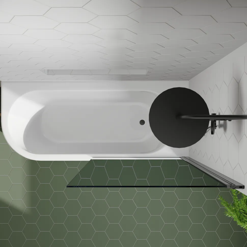 Drench J Shaped Shower Bath with Panel & Matt Black Shower Screen - 1700mm
