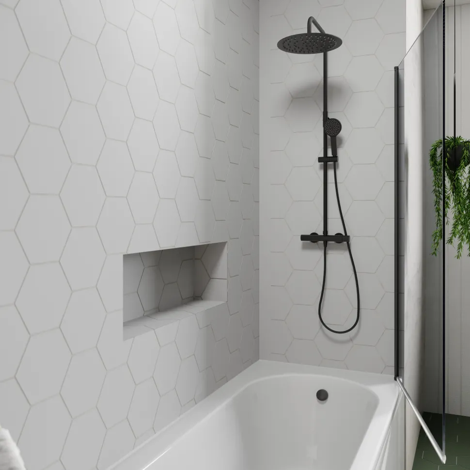 Drench J Shaped Shower Bath with Panel & Matt Black Shower Screen - 1700mm