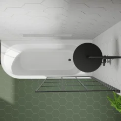 Drench J Shaped Shower Bath with Panel & Matt Black Shower Screen - 1700mm