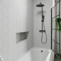 Drench J Shaped Shower Bath with Panel & Matt Black Shower Screen - 1700mm