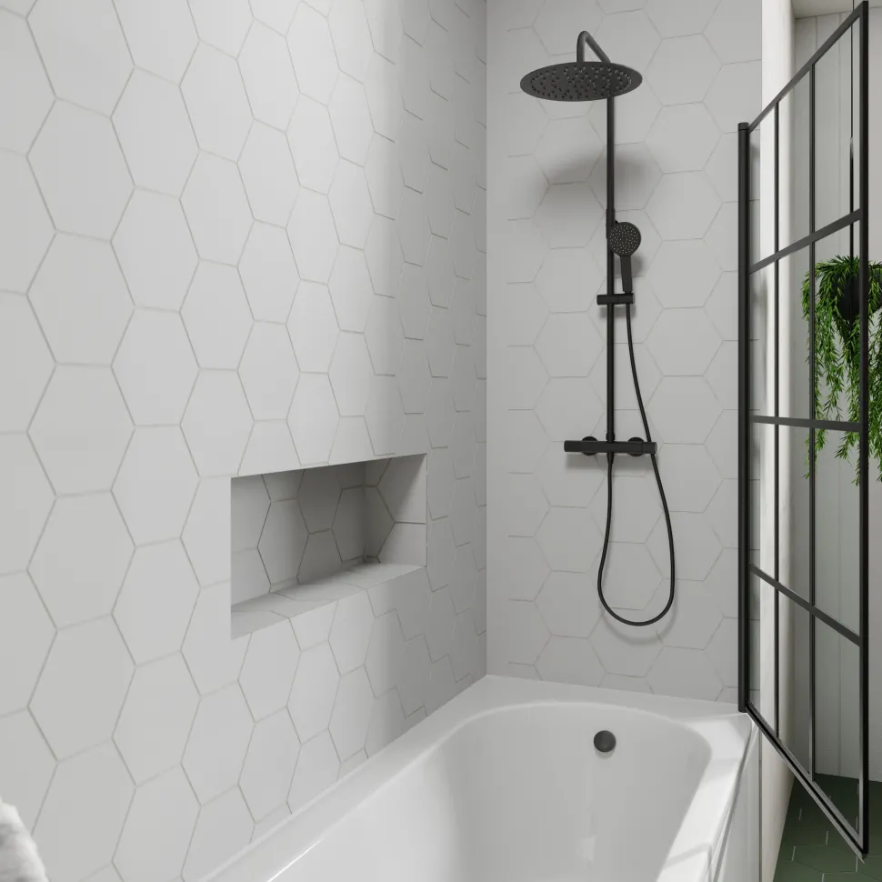 Drench J Shaped Shower Bath with Panel & Matt Black Shower Screen - 1700mm
