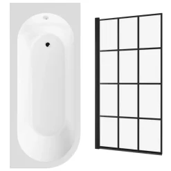Drench J Shaped Shower Bath with Panel & Matt Black Shower Screen - 1700mm