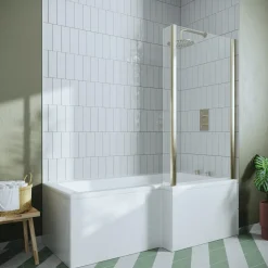 Drench L Shaped Shower Bath with Brushed Brass Shower Screen & Panel - 1700mm