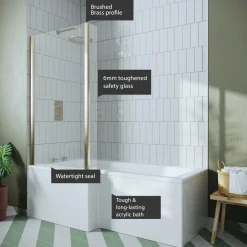 Drench L Shaped Shower Bath with Brushed Brass Shower Screen & Panel - 1700mm