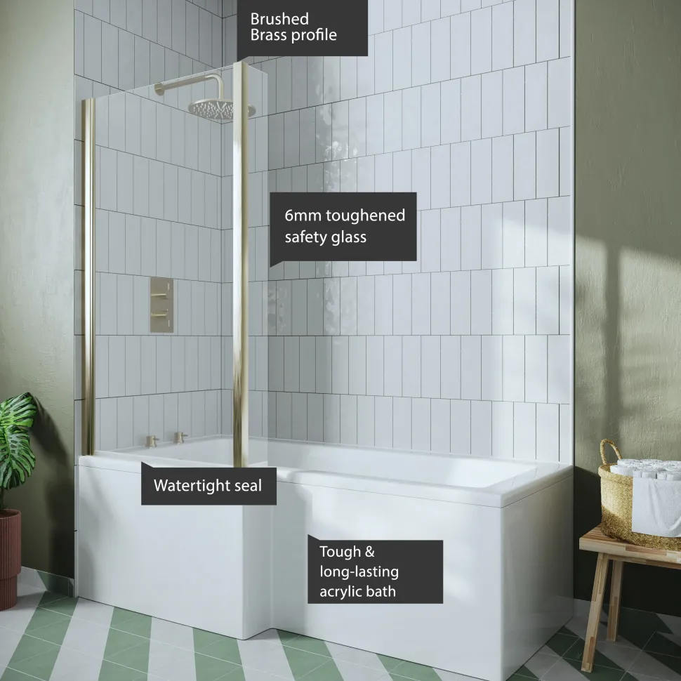 Drench L Shaped Shower Bath with Brushed Brass Shower Screen & Panel - 1700mm
