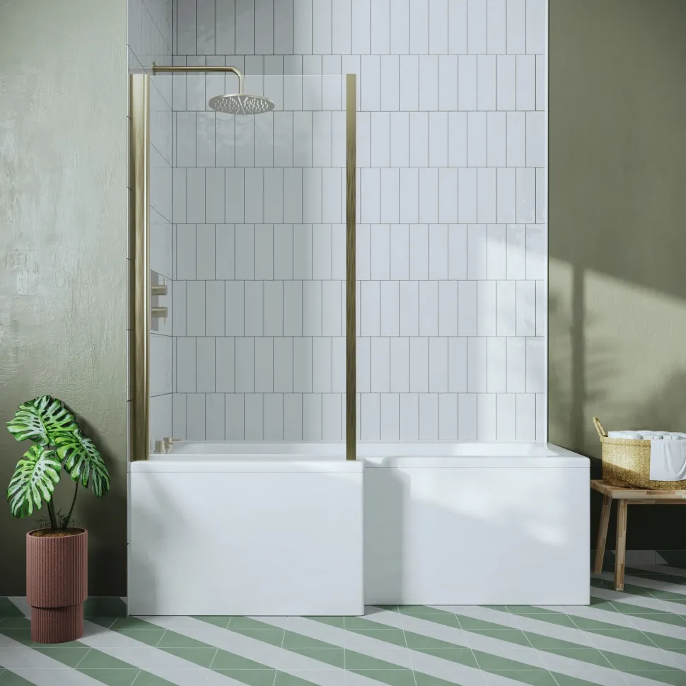 Drench L Shaped Shower Bath with Brushed Brass Shower Screen & Panel - 1700mm