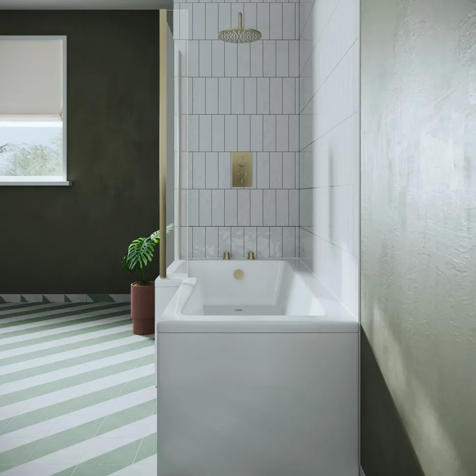 Drench L Shaped Shower Bath with Brushed Brass Shower Screen & Panel - 1700mm