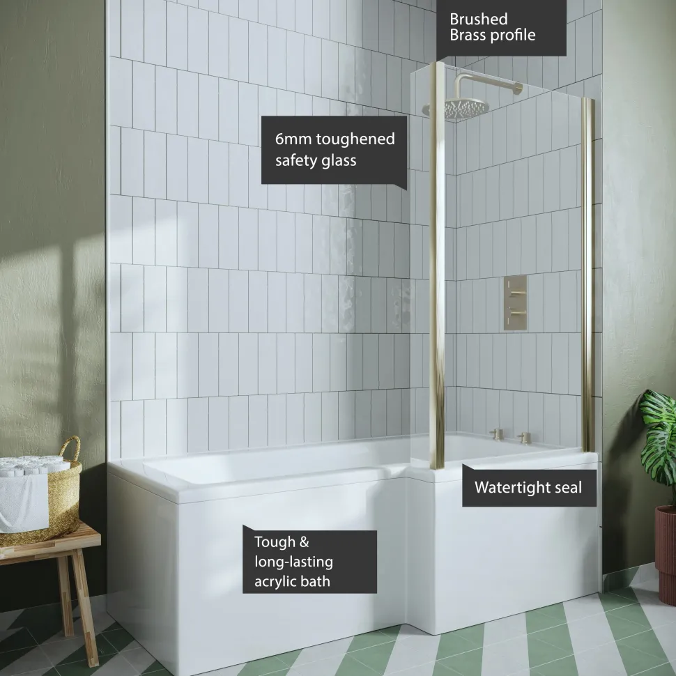 Drench L Shaped Shower Bath with Brushed Brass Shower Screen & Panel - 1700mm