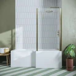 Drench L Shaped Shower Bath with Brushed Brass Shower Screen & Panel - 1700mm