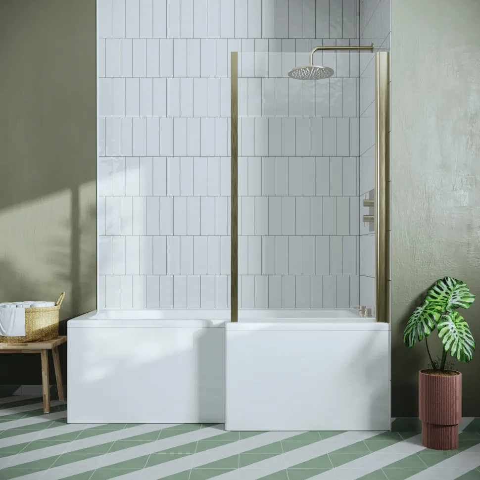 Drench L Shaped Shower Bath with Brushed Brass Shower Screen & Panel - 1700mm