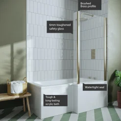Drench L Shaped Shower Bath with Brushed Brass Shower Screen & Panel - 1500mm