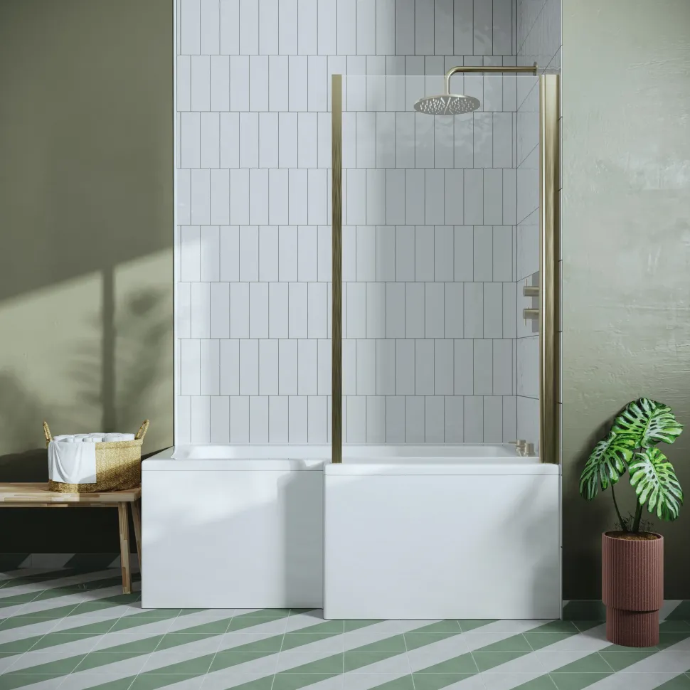 Drench L Shaped Shower Bath with Brushed Brass Shower Screen & Panel - 1500mm