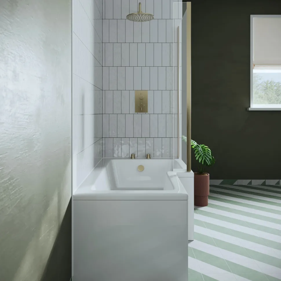 Drench L Shaped Shower Bath with Brushed Brass Shower Screen & Panel - 1500mm