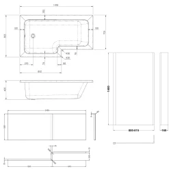 Drench L Shaped Shower Bath with Brushed Brass Shower Screen & Panel - 1500mm