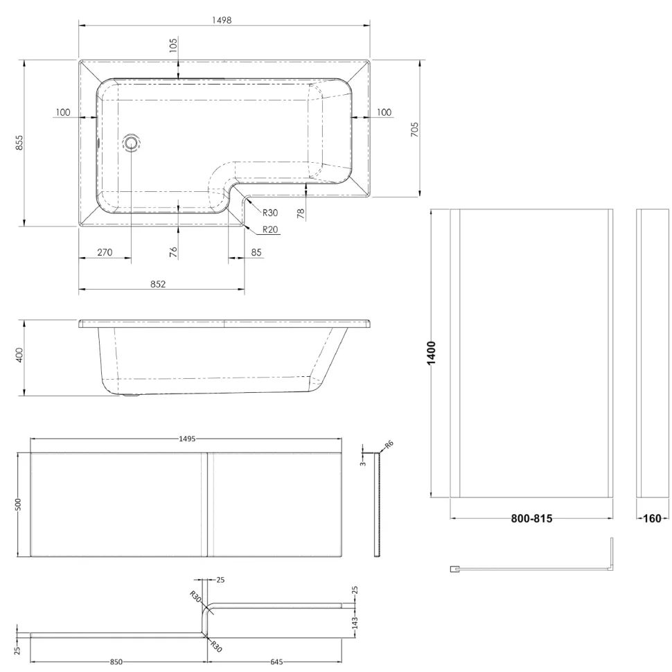 Drench L Shaped Shower Bath with Brushed Brass Shower Screen & Panel - 1500mm