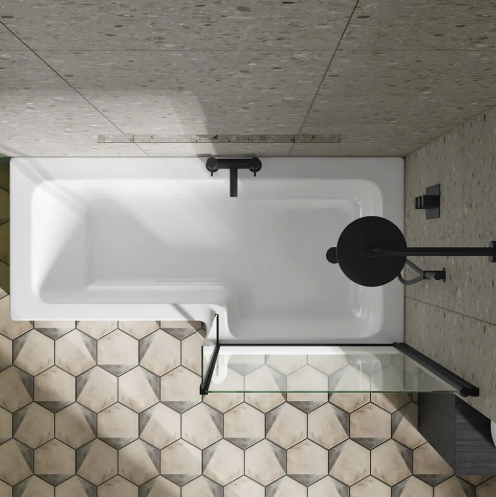 Drench L Shaped Shower Bath with Black Shower Screen & Panel - 1700mm