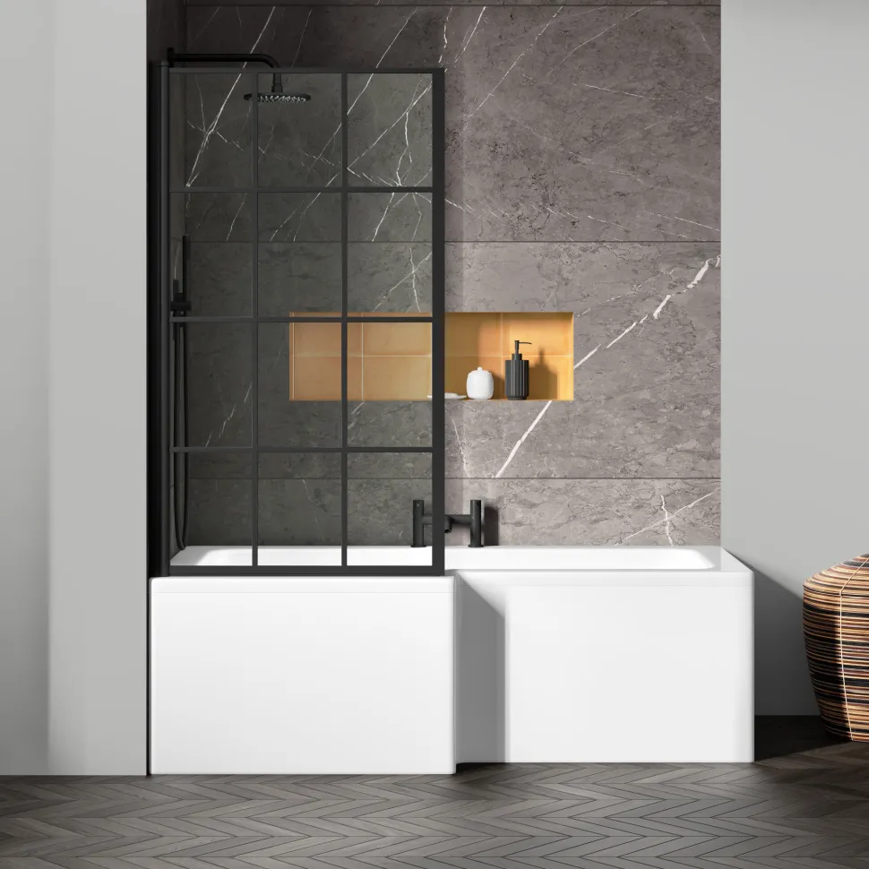 Drench L Shaped Shower Bath with Black Grid Shower Screen & Panel - 1700mm