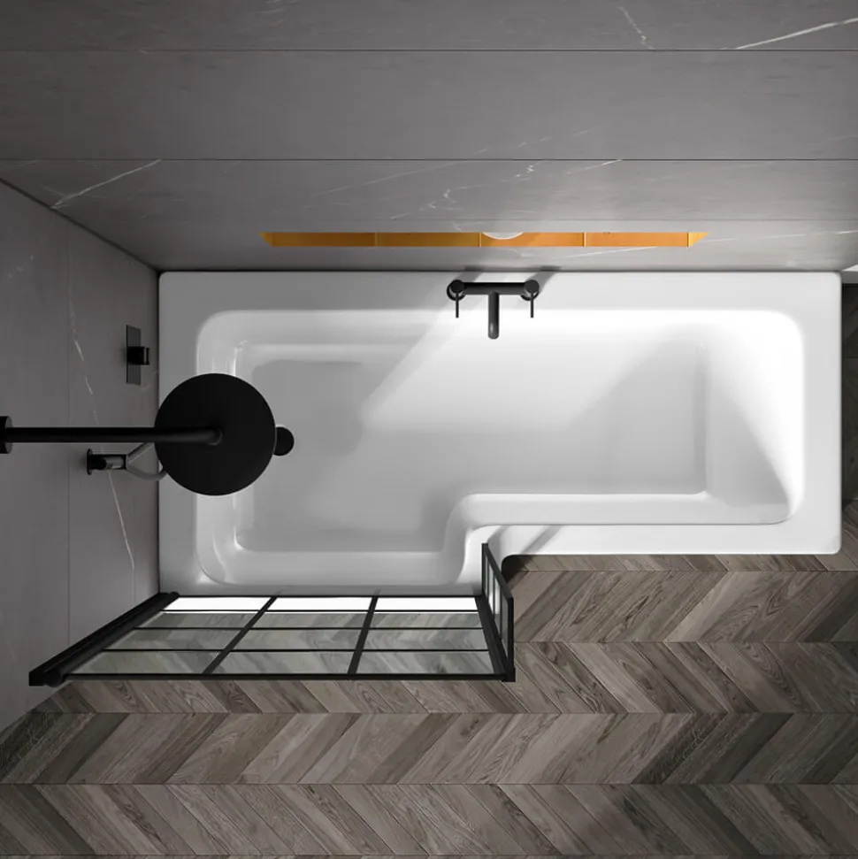 Drench L Shaped Shower Bath with Black Grid Shower Screen & Panel - 1700mm